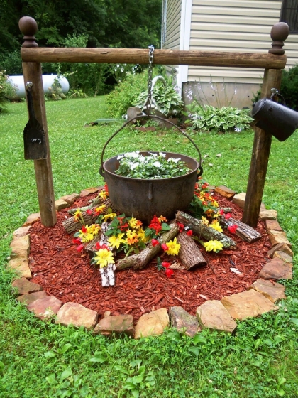 idée géniale parterre de fleurs sans entretien chaudron