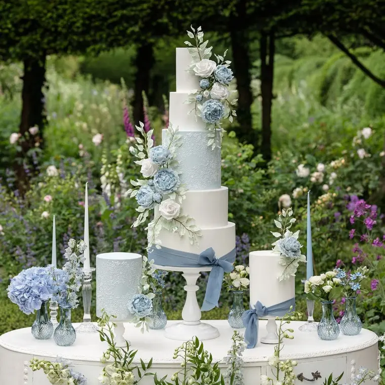 gâteau de mariage regencycore en bleu et blanc 