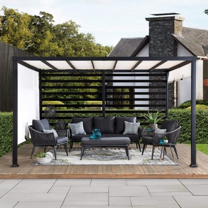 salon extérieur pergola bois voile