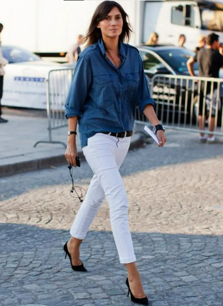 jean blanc haut bleu denim