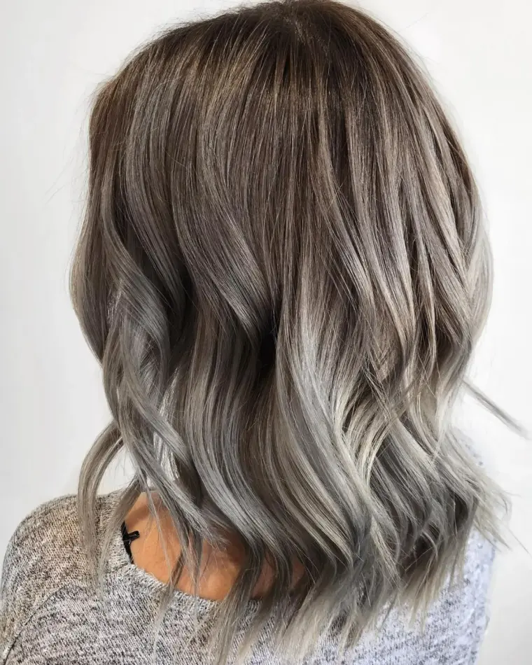 cheveux brun métallique balayage gris