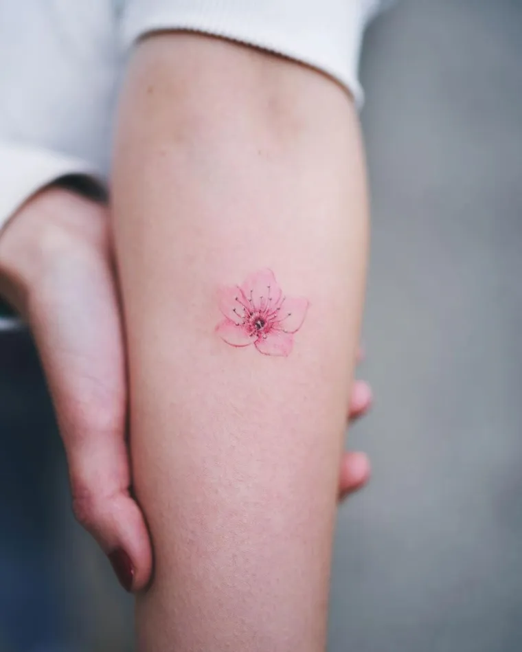 tatouage fleur de cerisier minimaliste avant-bras