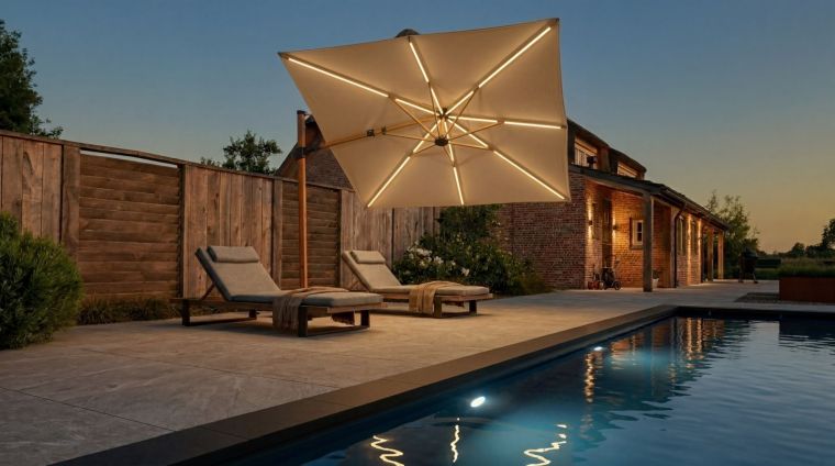 Parasol lumineux beige avec éclairage LED intégré, installé près d’une piscine sur une terrasse élégante au crépuscule