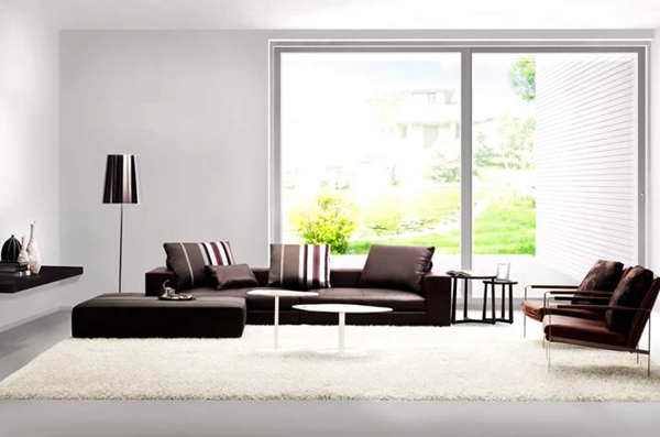 Tapis blanc en contraste avec des meubles foncés