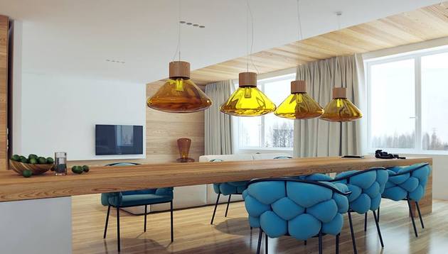 appartement design chaise bleu douillet debordant depasse lampe ambre