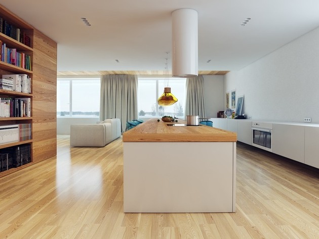 appartement moderne parquet blanc marron cuisine ilot central plan travail billot