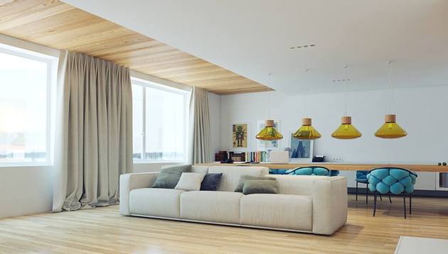 appartement moderne sejour lampe ambre fentre rideau baie bois plafond
