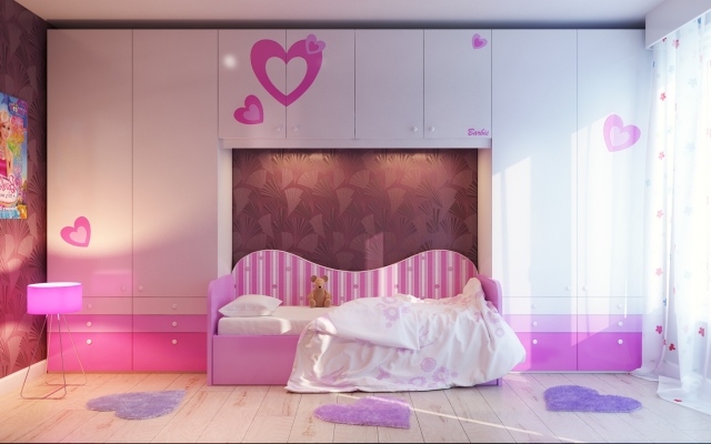 armoire-chambre-enfant-blanc-rose-motifs-coeurs-lit-élégant