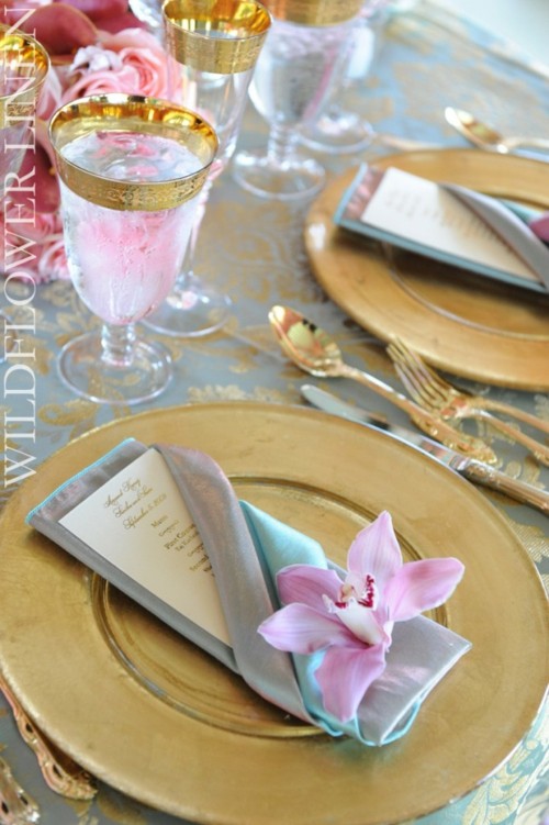 arts table serviette turquoise nacre orchidee