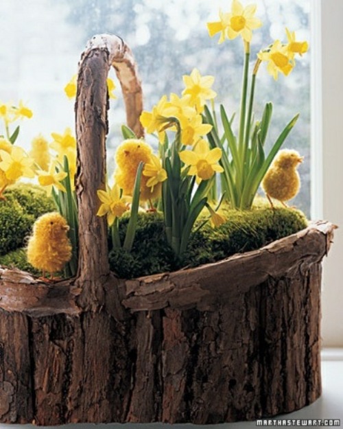 bac bois fleurs jaunes décoration