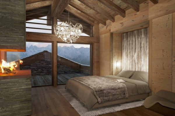 belle chambre à coucher bois lustre glamour