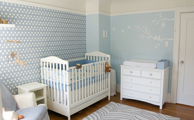 bébé chambre blanc bleu papier peint hexagone