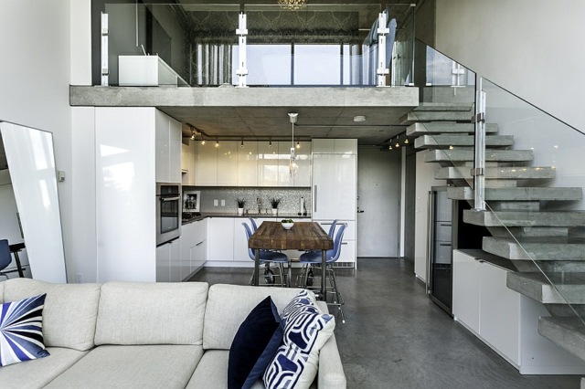 canape sejour moderne blanc escalier beton verre