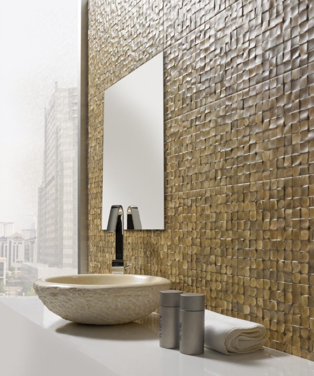 carrelage-salle-bains-mosaïque-murale-couleur-cappuccino-vasque-forme-ovale-miroir-rectangulaire carrelage salle de bains