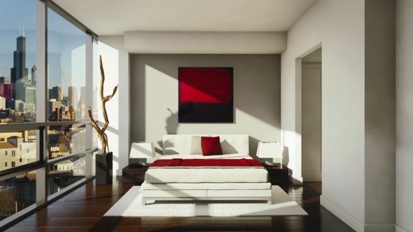 chambre à coucher minimaliste accent rouge