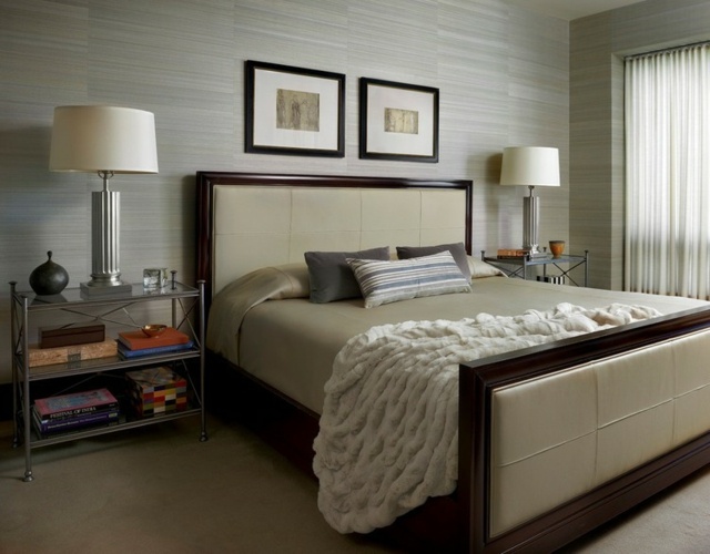 chambre design luxe table chevet lampe cadre tete lit acajou beige gris