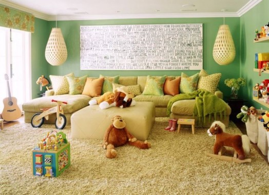chambre enfant cosy tapis blanc murs verts