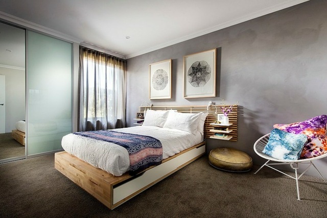 chambre luxe moderne gris lit matelas fauteuil panneau verre rideau