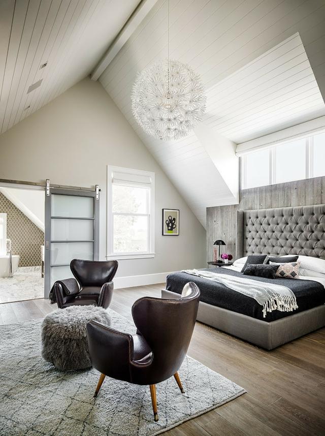 chambre moderne luxe sous comble toit double pente blanc design lit double