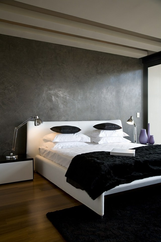 chambres coucher design contemporain mur gris mat lit double blanc noir