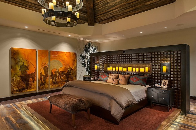 chambres bougie coucher luxe bois lustre bison tete lit meuble bout lit peau animal