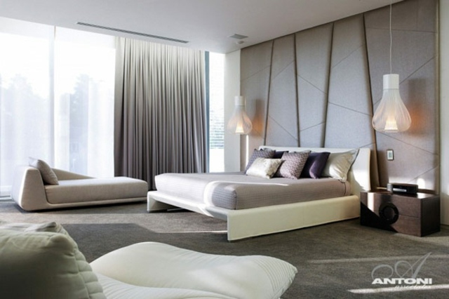 chambres coucher luxe design etoffe tapisse gris calme lampe