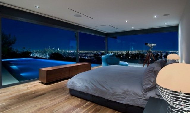 chambres coucher moderne parquet lit bleu vitre vitrage piscine infini