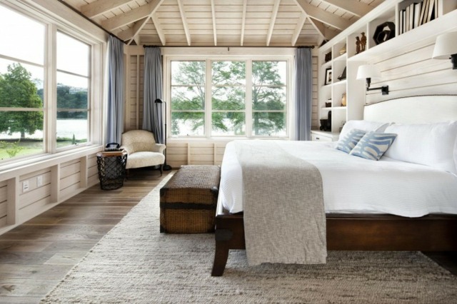 chambres coucher rustique charme bois toit toiture plafond chevron bois lit lac