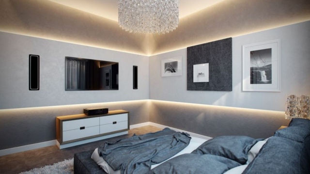 chandelier lit chambre contemporaine gris blanc