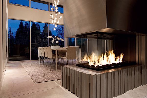 cheminee moderne gris luxe salle manger exterieur nut pin socle feu verre inox