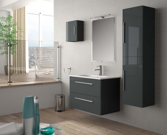 colonne-salle-bains-noire-finition-brillante-meuble-vasque-noir-miroir colonne salle de bains