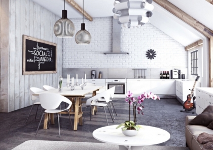 cuisine-contemporaine-suspensions-élégantes-chaises-table-blanches-mur-aspect-brique-blanche-horloge