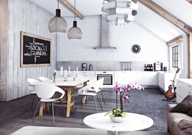 cuisine-contemporaine-suspensions-élégantes-chaises-table-blanches-mur-aspect-brique-blanche-horloge cuisine contemporaine