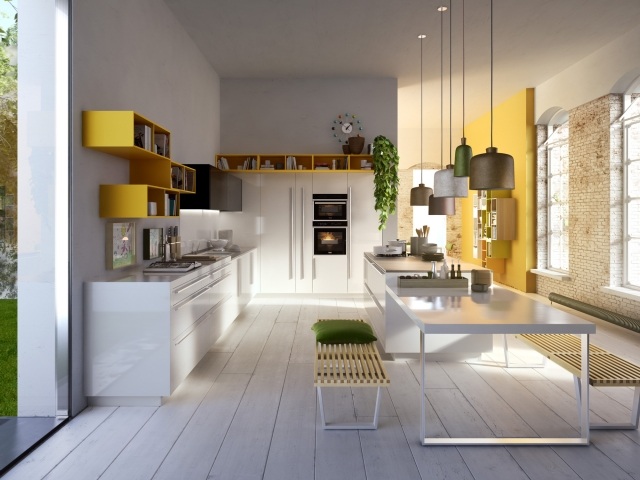 cuisine-contemporaine-suspensions-élégntes-table-armoires-blanches-bancs-étagères-jaunes cuisine contemporaine