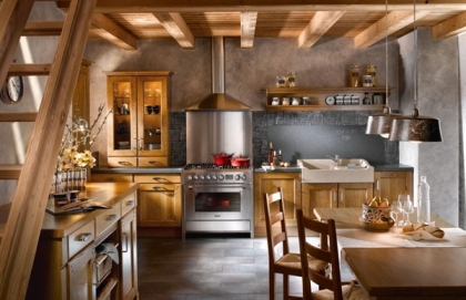 cuisine-rustique-plafond-bois-table-chaises-bois-armoires-cuisine-bois-carrelage