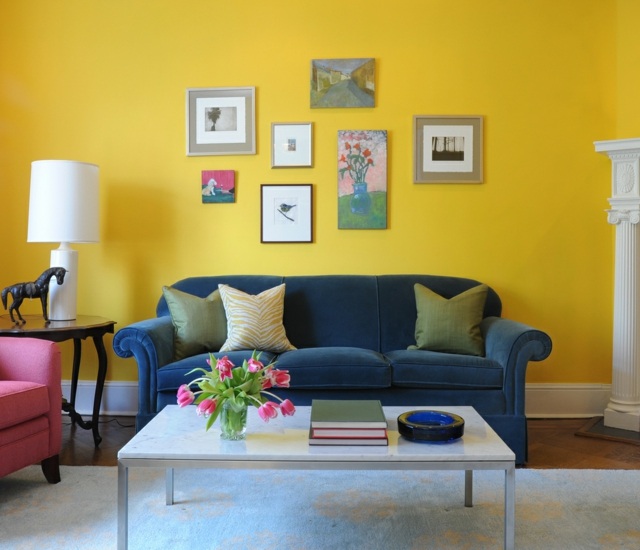 décoration chambre jaune bleu salon