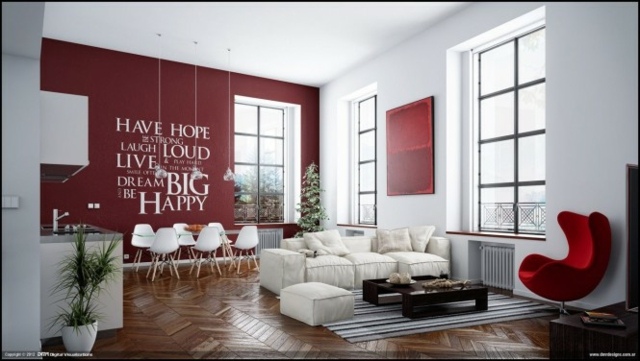 déco blanc rouge salon contemporain loft
