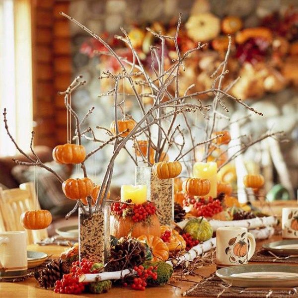 décoration d'automne maison branches verres