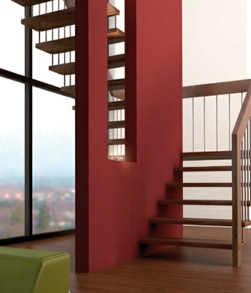 design original escalier bois mur rouge