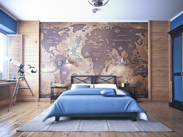 déco-chambre-ado-couleurs-murs-bleu-papier-peint-carte-géographique-revêtement-sol-bois