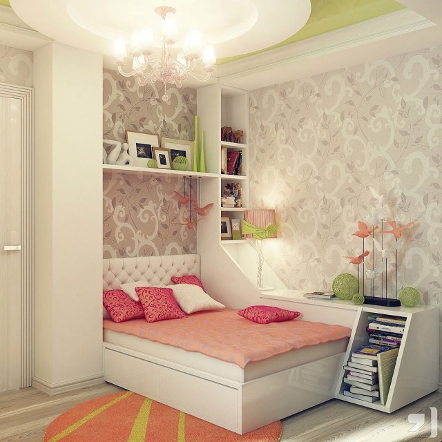 déco-chambre-ado-couleurs-murs-papier-peint-gris-clair-motifs-blancs-coussins-blanc-rose déco chambre ado