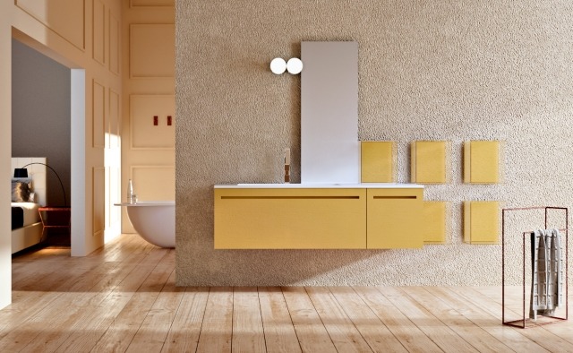 déco-salle-bains-mobilier-couleurs-meuble-vasque-petites-armoires-jaunes déco salle de bains