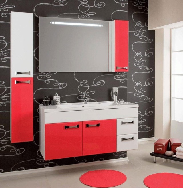 déco-salle-bains-mobilier-couleurs-miroir-colonne-armoire-toilette-rose-meuble-vasque-blanc-rose-tapis-ronds-rose déco salle de bains