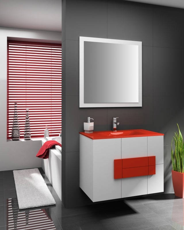 déco-salle-bains-mobilier-couleurs-murs-gris-meuble-vasque-blanc-rouge déco salle de bains