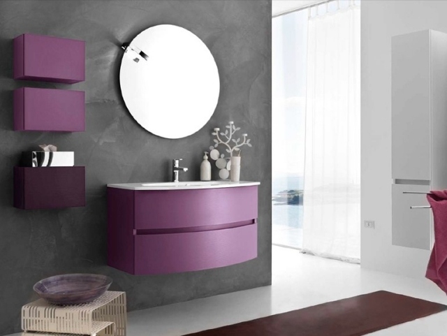 déco-salle-bains-mobilier-couleurs-petites-armoires-meuble-vasque-lilas-miroir-rond déco salle de bains