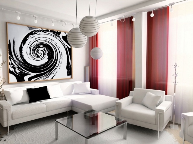 déco-salon-couleur-rouge-idée-originale-rideau-canapé-lampe-plafond