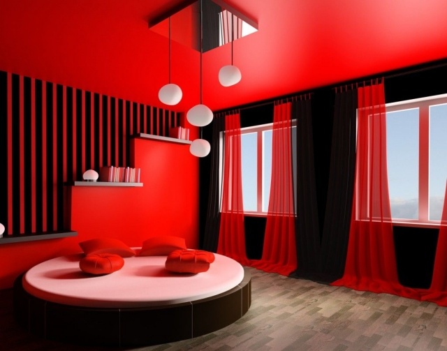 décoration-chambre-couleur-rouge-idée-originale-lit-rond-rideaux