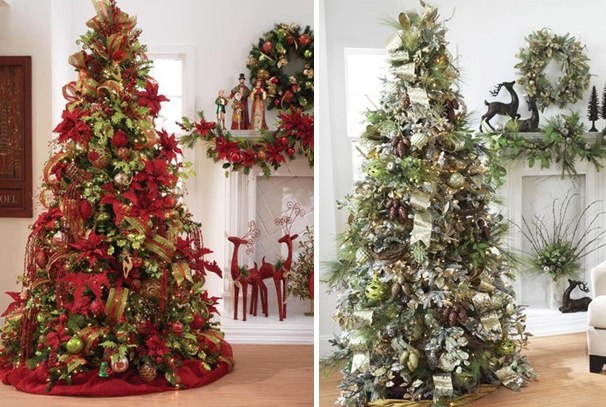 décoration-sapin-Noël-rouges-fleurs-argent-ornements décoration arbre de Noël