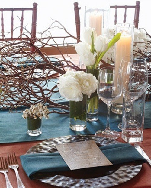 décoration table mariage hiver branchages fleurs vert