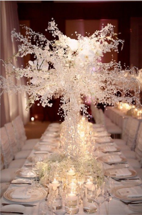 décoration table mariage hiver neige billes branches